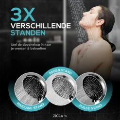 ZIGLA - Waterbesparende Douchekop - Douchekoppen - Regendouche - Hoge Druk - 3 Standen - Handdouche - Chrome -Badkamer Kast Winkel 1200x1200 2760