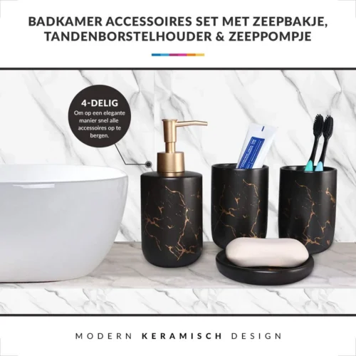 Badkamer Accessoires Set – Tandenborstelhouder –Zeeppompje Zeepbakje – Keramiek Met Marmer Design – Zwart -Badkamer Kast Winkel 1200x1200 285