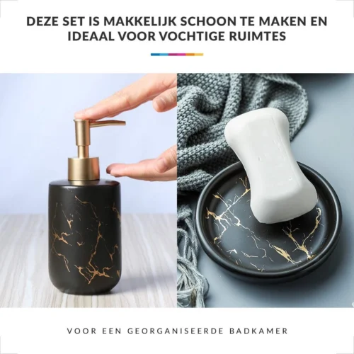 Badkamer Accessoires Set – Tandenborstelhouder –Zeeppompje Zeepbakje – Keramiek Met Marmer Design – Zwart -Badkamer Kast Winkel 1200x1200 286