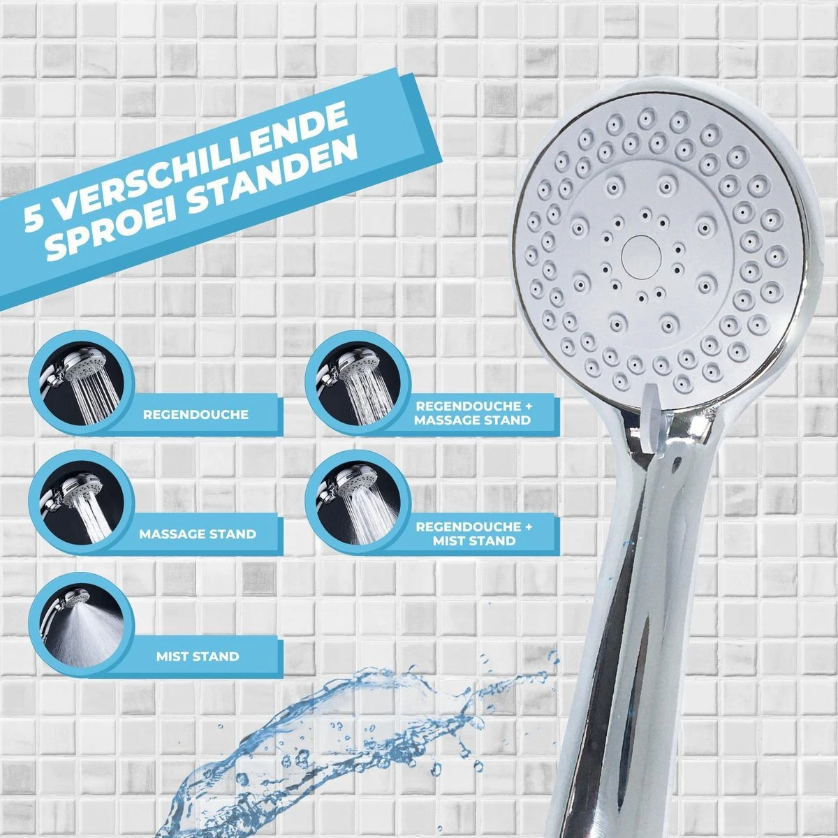 Douchekop Met Slang - Universeel - 5 Luxe Straalstanden - Chroom En RVS - Incl. Wandhouder 2 Douchekop Met Slang - Universeel - 5 Luxe Straalstanden - Chroom En RVS - Incl. Wandhouder - Afbeelding 2