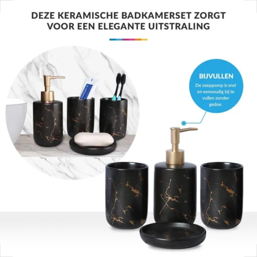 Badkamer Accessoires Set – Tandenborstelhouder –Zeeppompje Zeepbakje – Keramiek Met Marmer Design – Zwart -Badkamer Kast Winkel 1200x1200 287