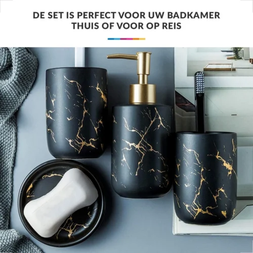 Badkamer Accessoires Set – Tandenborstelhouder –Zeeppompje Zeepbakje – Keramiek Met Marmer Design – Zwart -Badkamer Kast Winkel 1200x1200 288