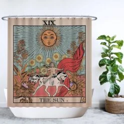 Ulticool Douchegordijn - Zon Natuur Bloemen Tarot Horoscoop Vintage Retro - 180 X 200 Cm - Semi Transparant - Met 12 Ringen Wit - Anti Schimmel - Multi Color