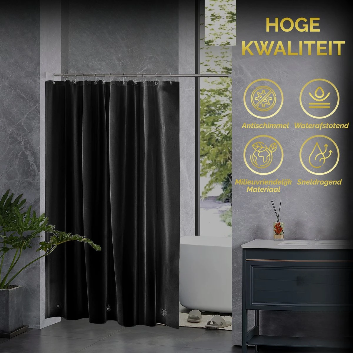 HGMD Douchegordijn 120x200 - Zwart - Wasbaar - Douchegordijn Anti Schimmel 2 HGMD Douchegordijn 120x200 - Zwart - Wasbaar - Douchegordijn Anti Schimmel - Afbeelding 2