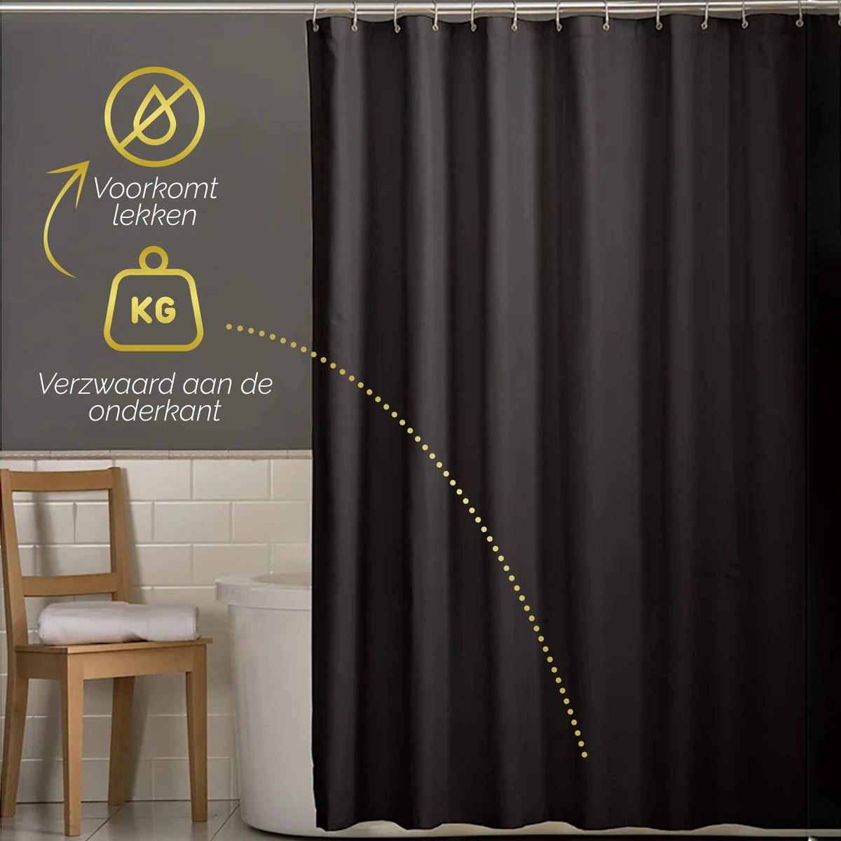 HGMD Douchegordijn 120x200 - Zwart - Wasbaar - Douchegordijn Anti Schimmel 7 HGMD Douchegordijn 120x200 - Zwart - Wasbaar - Douchegordijn Anti Schimmel - Afbeelding 7