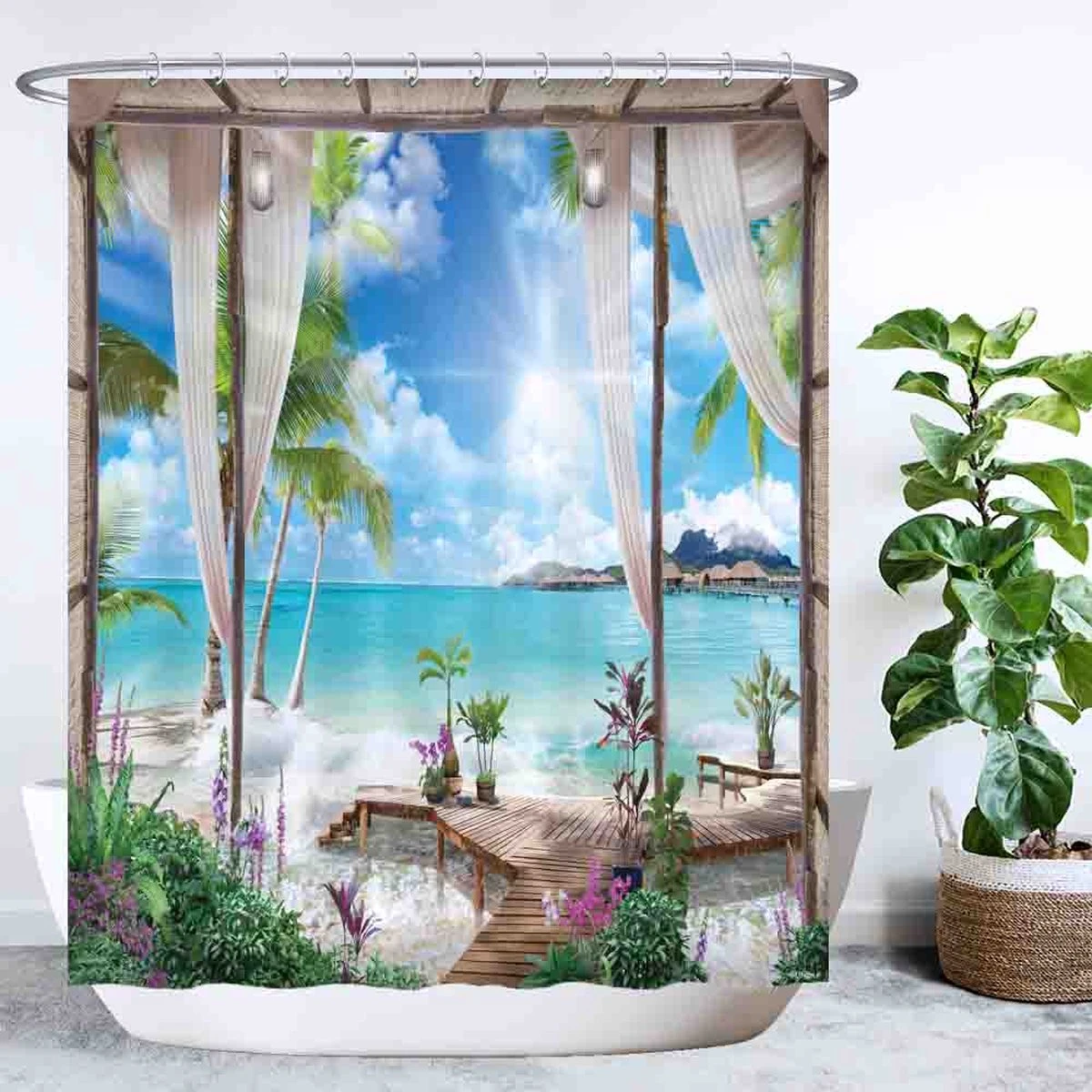 Ulticool Douchegordijn - Doorkijk Strand Zee Natuur - 180 X 200 Cm - Met 12 Ringen - Blauw Wit Groen 1 Ulticool Douchegordijn - Doorkijk Strand Zee Natuur - 180 X 200 Cm - Met 12 Ringen - Blauw Wit Groen