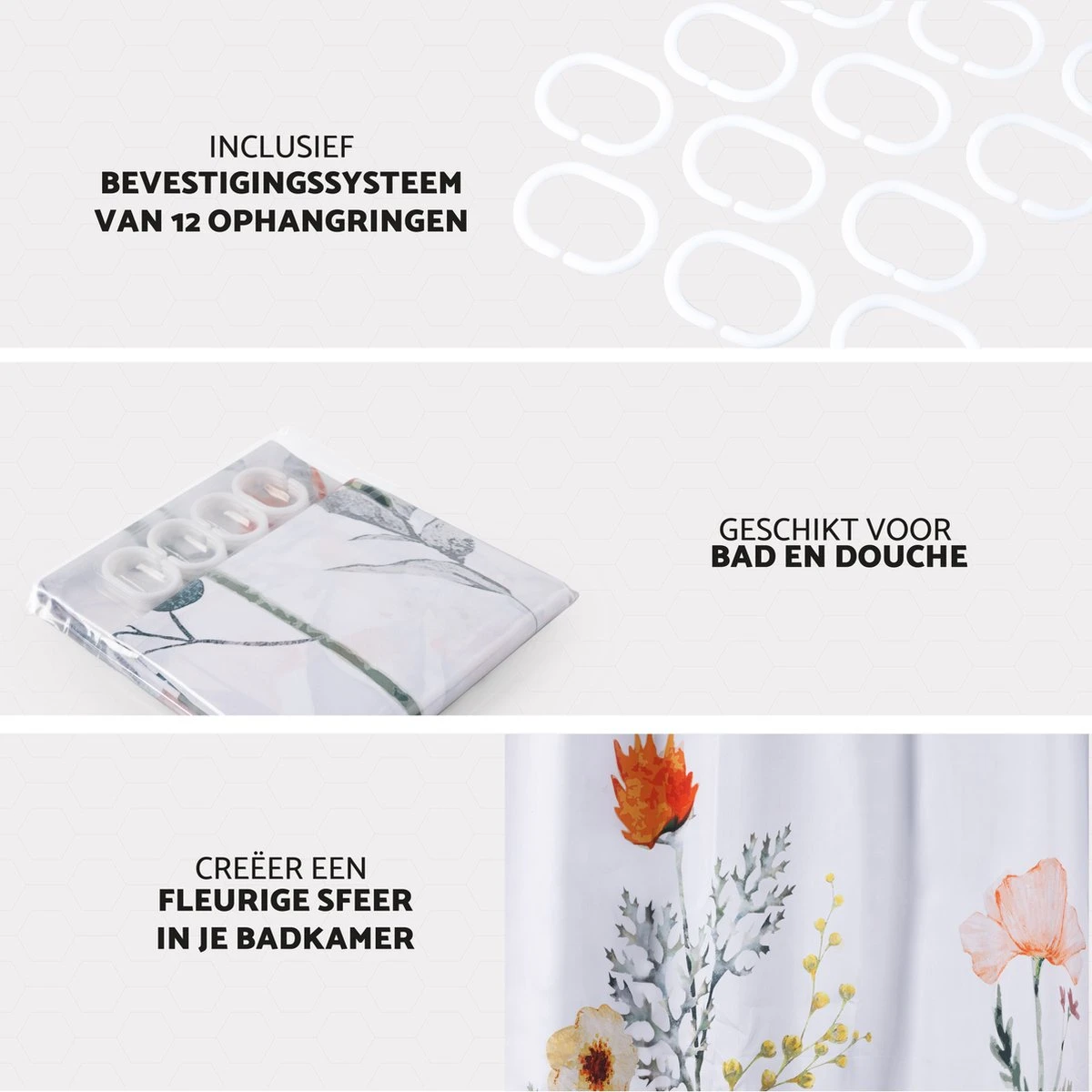 RX Goods Gekleurde Natuur Bloemen Douchegordijn - 180x180cm - Incl. 12 Ringen - Waterafstotend – Polyester 3 RX Goods Gekleurde Natuur Bloemen Douchegordijn - 180x180cm - Incl. 12 Ringen - Waterafstotend – Polyester - Afbeelding 3