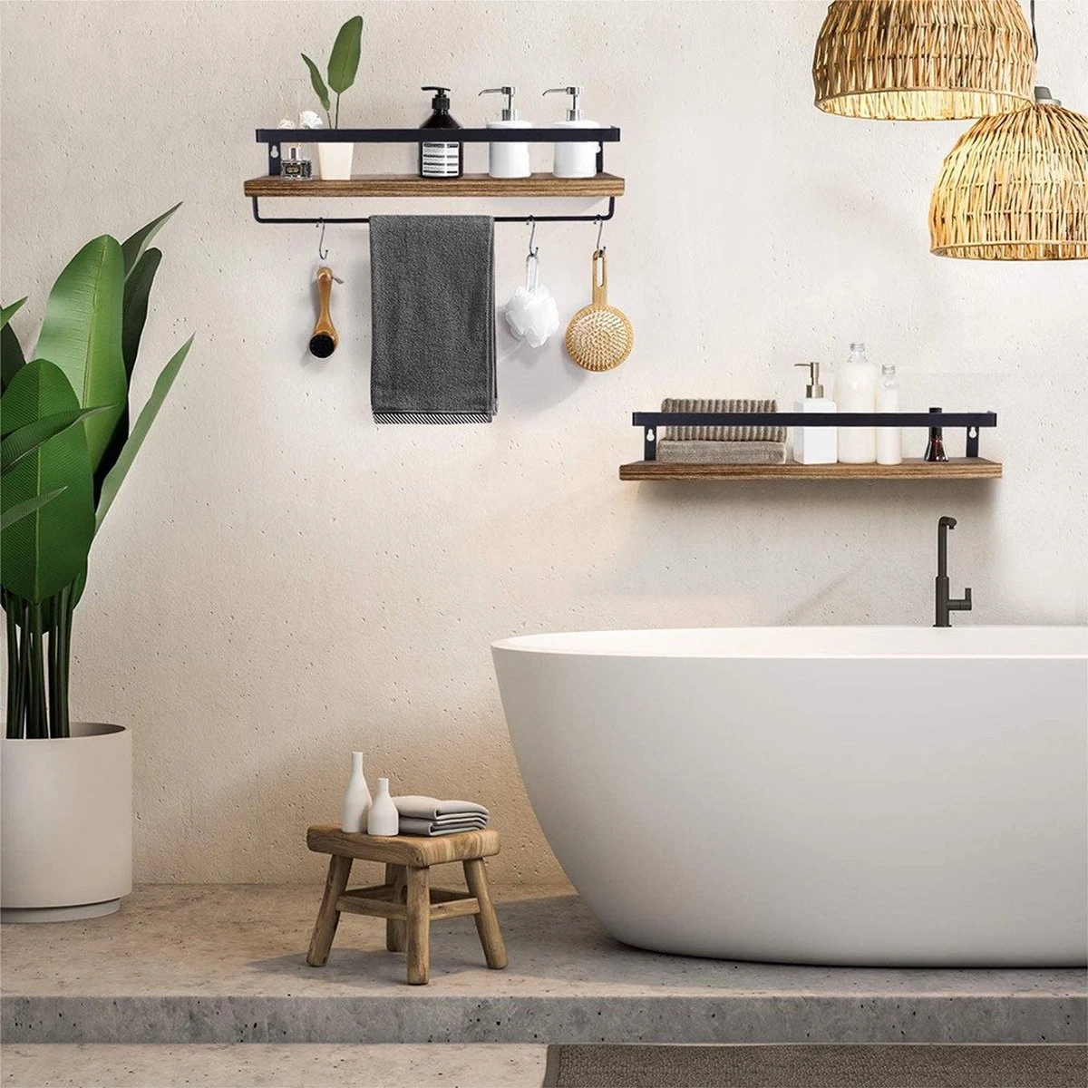 Zwevende Wandplank - 2 Stuks - 40cm - Handdoekhouder En 8 Haakjes - Badkamerplank Decoratieve Muur Opbergplanken Voor Badkamer Slaapkamer, Woonkamer, Keuken Plank 4 Zwevende Wandplank - 2 Stuks - 40cm - Handdoekhouder En 8 Haakjes - Badkamerplank Decoratieve Muur Opbergplanken Voor Badkamer Slaapkamer, Woonkamer, Keuken Plank - Afbeelding 4