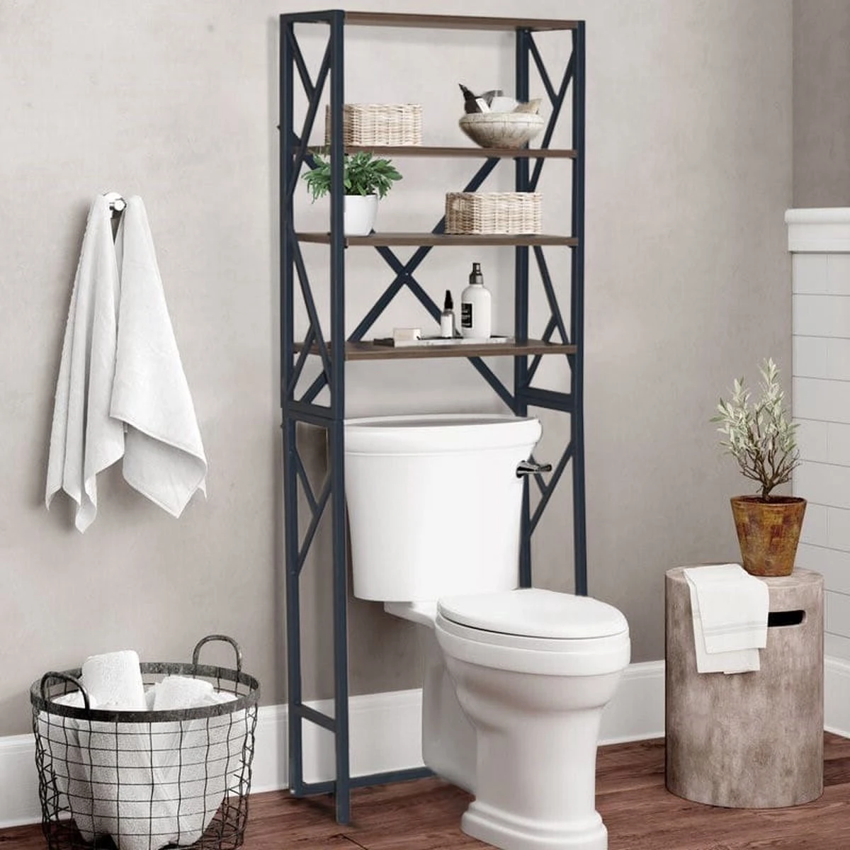 Homestic© - Ruimtebesparende Toiletmeubel - WC Plank, Badkamerplank Met 4 Open Vakken - Industrieel RVS Badkamermeubel - Zwart Staal / Hout - 170x54x24 CM 3 Homestic© - Ruimtebesparende Toiletmeubel - WC Plank, Badkamerplank Met 4 Open Vakken - Industrieel RVS Badkamermeubel - Zwart Staal / Hout - 170x54x24 CM - Afbeelding 3