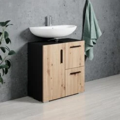 Badplaats Wastafel Onderkast Mars 60 Cm X 30 Cm X 60 Cm - Zwart Met Eiken - Badkamerkast – Staand Wastafelmeubel -Badkamer Kast Winkel 1200x1200 3374