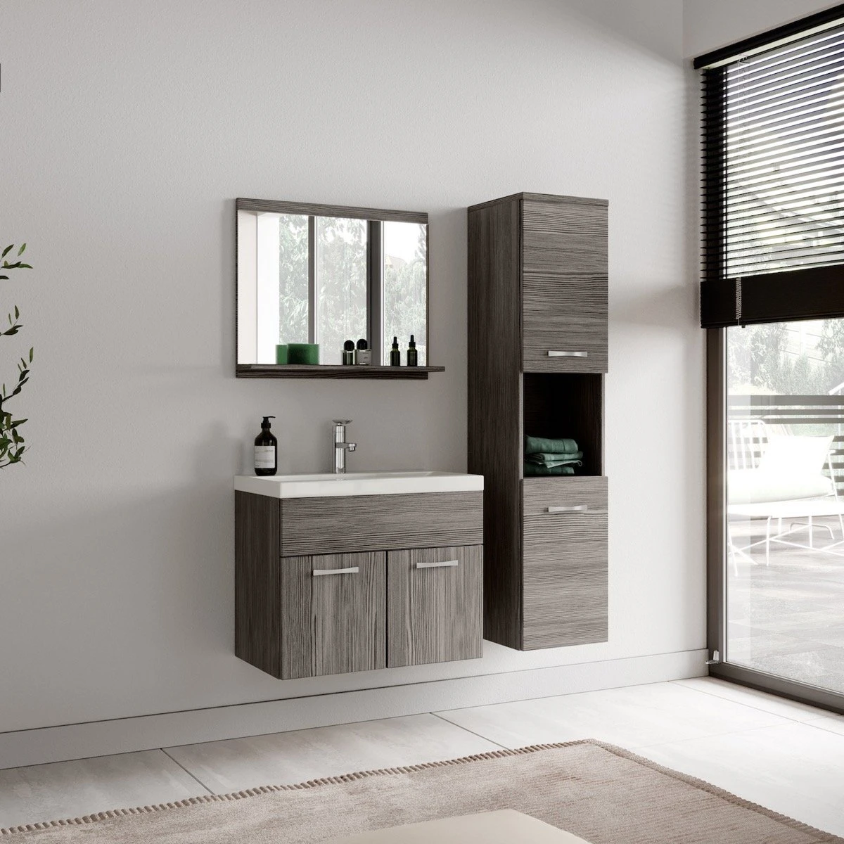 Badplaats Badkamermeubel Set Montreal 60 Cm X 35 Cm - Grijs Eiken - Badmeubel Met Spiegel En Zijkast 4 Badplaats Badkamermeubel Set Montreal 60 Cm X 35 Cm - Grijs Eiken - Badmeubel Met Spiegel En Zijkast - Afbeelding 4