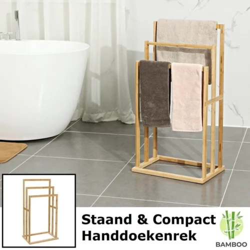 Merkloos Decopatent® Handdoekrek - Vrijstaand Handdoekenrek Voor In Badkamer - Handdoekrek - Bamboe Hout - Handdoek - Droogrek Met 3 Armen