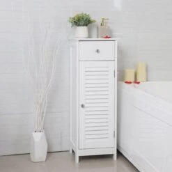 Songmics Badkamermeubel, Badkamermeubel, Zijkast, Nachtkastje Met Lade En Lamellaire Deur, Badkamer, Gang, Slaapkamer, 32 X 87 X 30 Cm, Wit BBC43WT -Badkamer Kast Winkel 1200x1200 3497
