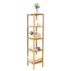 Staand Badkamer Wandrek Met 5 Etages - Smal Opbergrek - 146 Cm Hoog, 33 Cm Breed - Bamboe -Badkamer Kast Winkel 1200x1200 3544