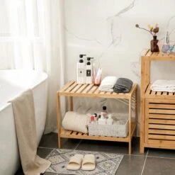 Merkloos Decopatent® Houten Bankje Van Bamboe - Badkamer - Opbergrek - Badkamerkast Rek - Open Badkamerbankje - Opbergen Handdoeken Rek -Badkamer Kast Winkel 1200x1200 3549