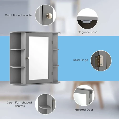LUXGOODS Spiegelkast, Badkamerkast Met Spiegel, Aan De Muur Bevestigd Opbergkast, Houten Hangend Kast Met Verstelbare Planken & Open Compartimenten, Multifunctioneel Medicijnkastje Voor Badkamer, Woonkamer, Keuken, 66 X 63 X 16,5 Cm (Grijs) -Badkamer Kast Winkel 1200x1200 3581