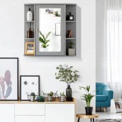 LUXGOODS Spiegelkast, Badkamerkast Met Spiegel, Aan De Muur Bevestigd Opbergkast, Houten Hangend Kast Met Verstelbare Planken & Open Compartimenten, Multifunctioneel Medicijnkastje Voor Badkamer, Woonkamer, Keuken, 66 X 63 X 16,5 Cm (Grijs) -Badkamer Kast Winkel 1200x1200 3582