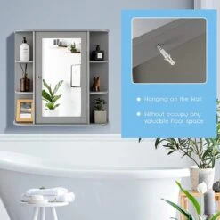 LUXGOODS Spiegelkast, Badkamerkast Met Spiegel, Aan De Muur Bevestigd Opbergkast, Houten Hangend Kast Met Verstelbare Planken & Open Compartimenten, Multifunctioneel Medicijnkastje Voor Badkamer, Woonkamer, Keuken, 66 X 63 X 16,5 Cm (Grijs) -Badkamer Kast Winkel 1200x1200 3583