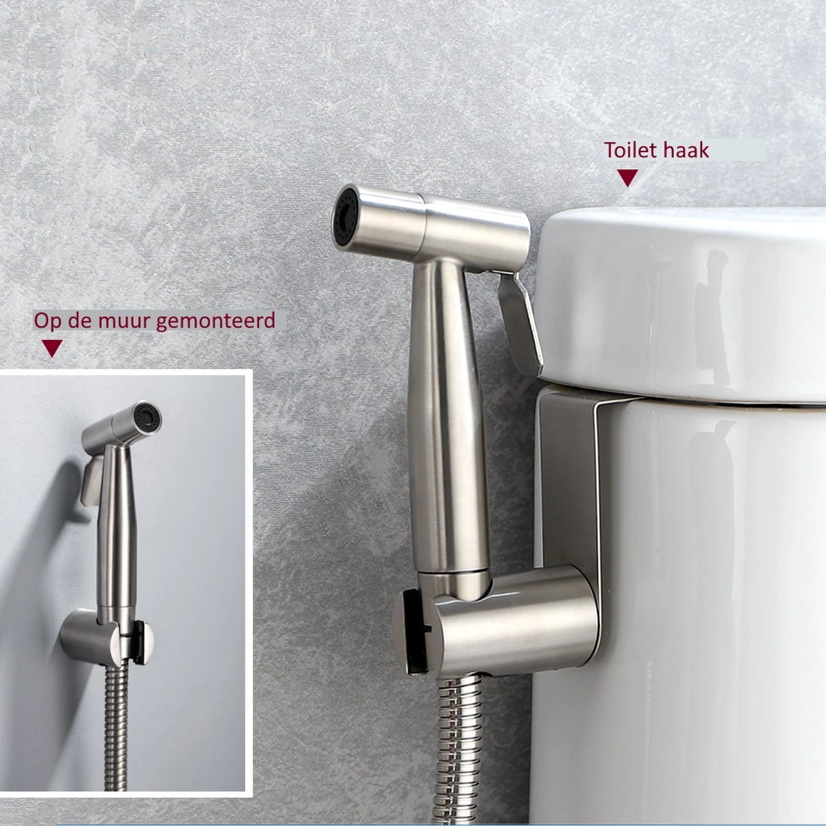 BetterSells® Bidet Handdoucheset - Shattaf - Bidet Sproeier Uit Geborsteld RVS - Inclusief Slang, T-stuk & Wandhouder 4 BetterSells® Bidet Handdoucheset - Shattaf - Bidet Sproeier Uit Geborsteld RVS - Inclusief Slang, T-stuk & Wandhouder - Afbeelding 4