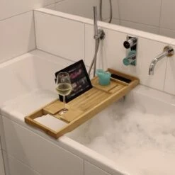 IVOL Badplank Bamboe - Badplank Hout Met Badrek Houders - Uitschuifbaar - 75 Tot 110 Cm -Badkamer Kast Winkel 1200x1200 40