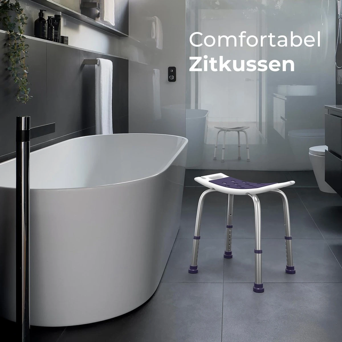 Sanicraft® Douchekruk - In Hoogte Verstelbaar - Douchekrukje - Roestvrij - 150kg Draagkracht - Comfortabel Zitkussen - Inclusief Douchekophouder, Handgrepen, Anti Slip Poten 3 Sanicraft® Douchekruk - In Hoogte Verstelbaar - Douchekrukje - Roestvrij - 150kg Draagkracht - Comfortabel Zitkussen - Inclusief Douchekophouder, Handgrepen, Anti Slip Poten - Afbeelding 3