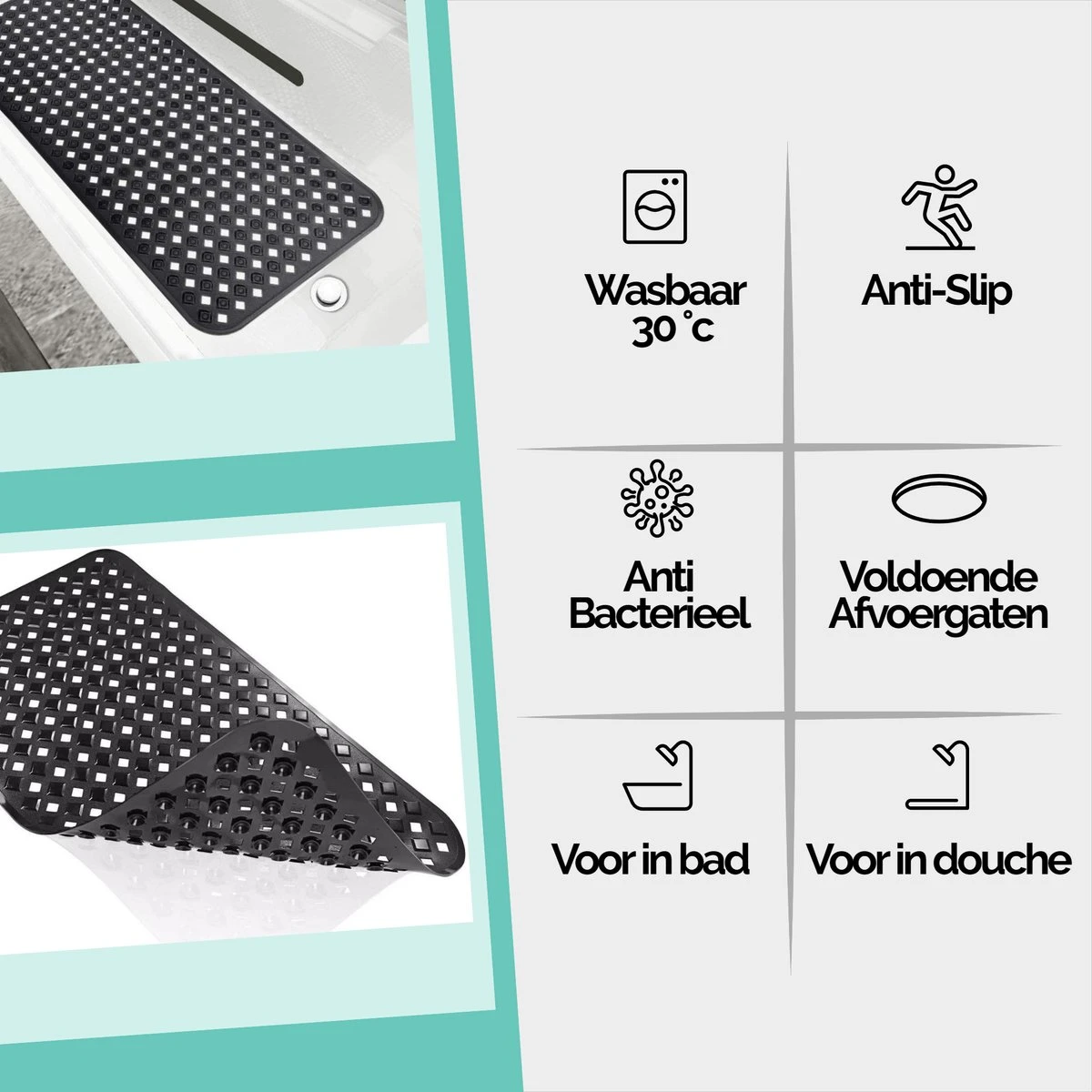 The Original - Douchemat Antislip - Zwart - 88x40cm - Antislipmat Badmat Voor Bad & Douche - Anti Slip Mat Met Zuignappen 4 The Original - Douchemat Antislip - Zwart - 88x40cm - Antislipmat Badmat Voor Bad & Douche - Anti Slip Mat Met Zuignappen - Afbeelding 4