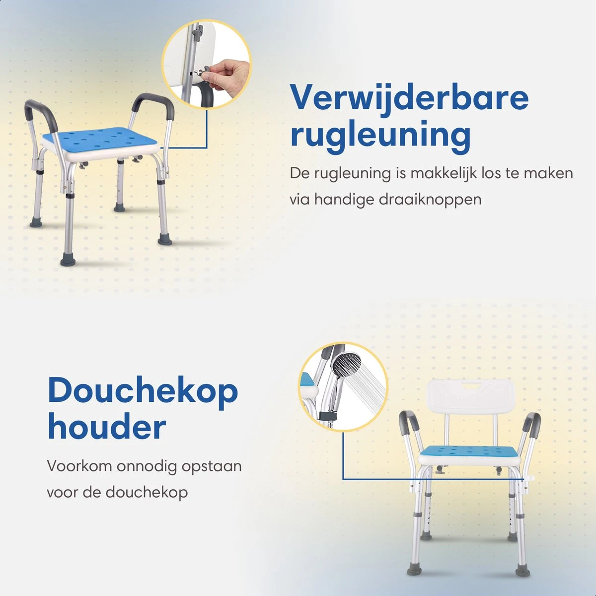 Safe Age® Douchestoel Met Afneembare Rugleuning En Armleuning – Anti Slip - Verstelbare Hoogte - Douchekruk 3 Safe Age® Douchestoel Met Afneembare Rugleuning En Armleuning – Anti Slip - Verstelbare Hoogte - Douchekruk - Afbeelding 3