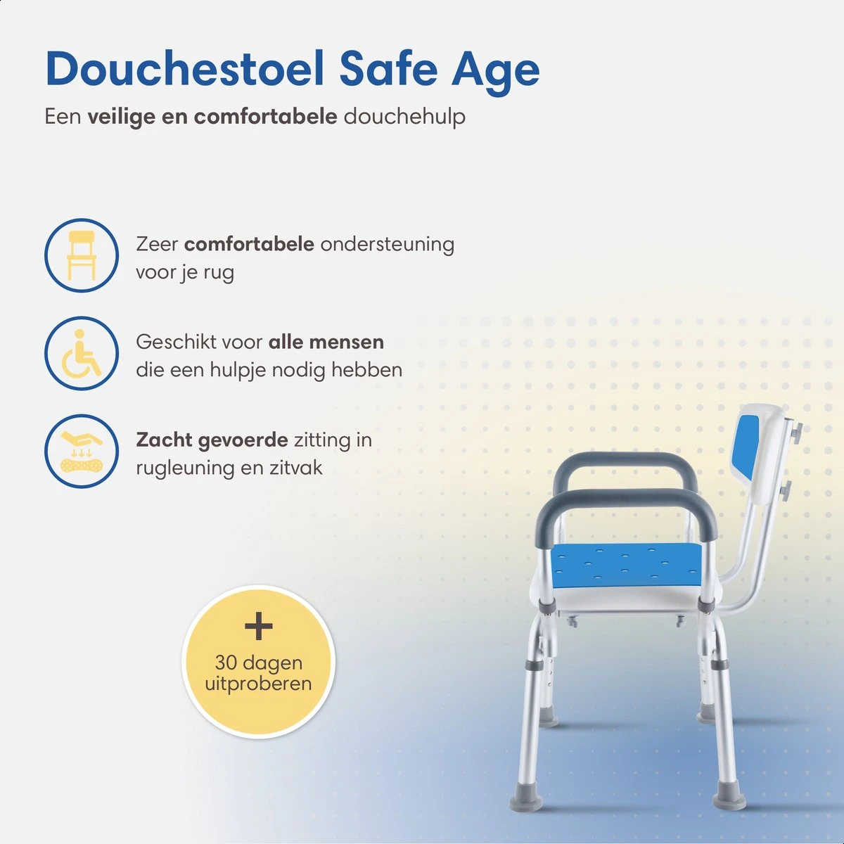 Safe Age® Douchestoel Met Afneembare Rugleuning En Armleuning – Anti Slip - Verstelbare Hoogte - Douchekruk 8 Safe Age® Douchestoel Met Afneembare Rugleuning En Armleuning – Anti Slip - Verstelbare Hoogte - Douchekruk - Afbeelding 8