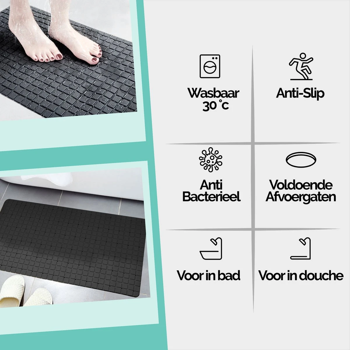 The Original - Douchemat Antislip - Zwart - 70x40cm - Antislipmat Badmat Voor Bad & Douche - Anti Slip Mat Met Zuignappen 4 The Original - Douchemat Antislip - Zwart - 70x40cm - Antislipmat Badmat Voor Bad & Douche - Anti Slip Mat Met Zuignappen - Afbeelding 4