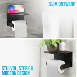 Strex WC Rolhouder Met Plankje - Zwart - Zelfklevend / Boren / Zonder Boren - Toiletrolhouder - WC Papier Houder -Badkamer Kast Winkel 1200x1200 433