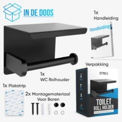 Strex WC Rolhouder Met Plankje - Zwart - Zelfklevend / Boren / Zonder Boren - Toiletrolhouder - WC Papier Houder -Badkamer Kast Winkel 1200x1200 435