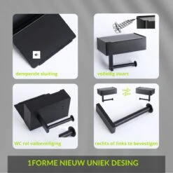 1FORME | Toiletrolhouder | WC-rolhouder | Met Plankje / Plateau | Met Opbergvak Vochtige Doekjes | RVS Zwart | Met Of Zonder Boren | -Badkamer Kast Winkel 1200x1200 571