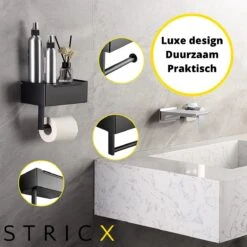 STRICX Toiletrolhouder - Zwart - Zonder Boren - Toilet Rol Houder Tissuebox - Zelfklevend - WC Rolhouder Met Opbergvak Voor Babydoekjes - Met Plankje - Toiletaccessoires -Badkamer Kast Winkel 1200x1200 595