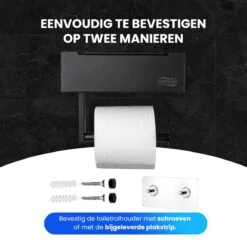 Toiletrolhouder Met Plankje En Bakje - WC Rolhouder Zwart - Opbergvak - Zelfklevend - Zonder Boren - RVS -Badkamer Kast Winkel 1200x1200 618