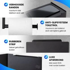 Toiletrolhouder Met Plankje En Bakje - WC Rolhouder Zwart - Opbergvak - Zelfklevend - Zonder Boren - RVS -Badkamer Kast Winkel 1200x1200 619