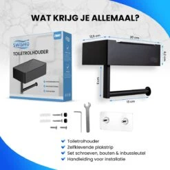 Toiletrolhouder Met Plankje En Bakje - WC Rolhouder Zwart - Opbergvak - Zelfklevend - Zonder Boren - RVS -Badkamer Kast Winkel 1200x1200 621
