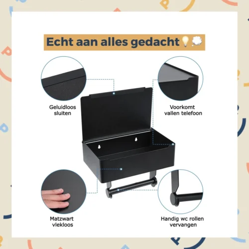 Toiletrolhouder Zwart Met Plankje En Bakje - Zonder Boren - Wc Rolhouder Zelfklevend - Inclusief Extra Handdoekhaak -Badkamer Kast Winkel 1200x1200 68