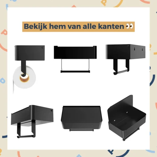 Toiletrolhouder Zwart Met Plankje En Bakje - Zonder Boren - Wc Rolhouder Zelfklevend - Inclusief Extra Handdoekhaak -Badkamer Kast Winkel 1200x1200 69