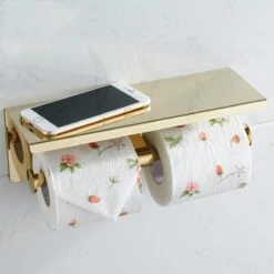 Merkloos TDR - Dubbele Toiletrol Houder - RVS - Met Geïntegreerd Goudkleurig Plankje / Planchet -Badkamer Kast Winkel 1200x1200 753