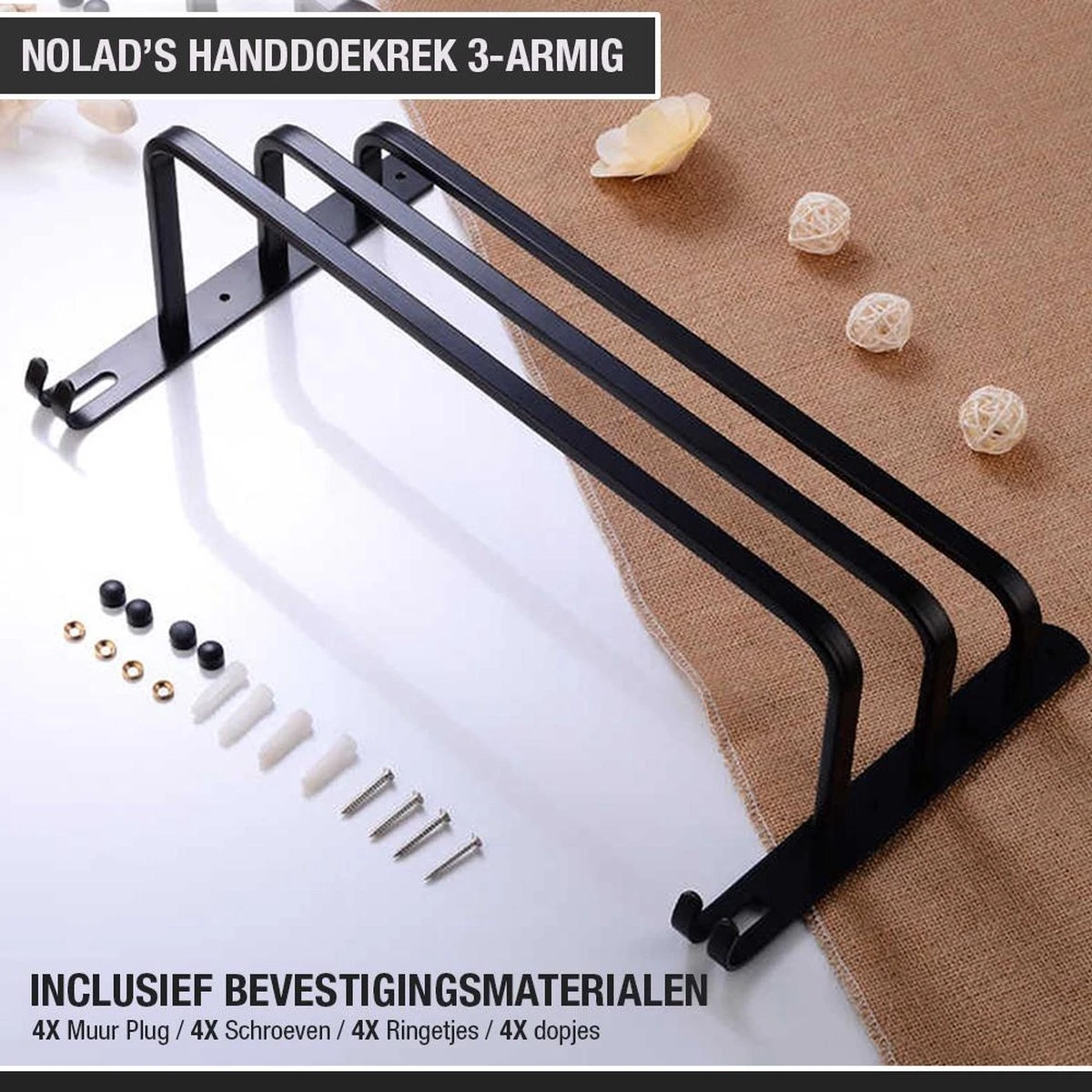 Nolad® Handdoekrek 3-armig - Handdoekhouder - Handdoekenrek - Zwart 3 Nolad® Handdoekrek 3-armig - Handdoekhouder - Handdoekenrek - Zwart - Afbeelding 3