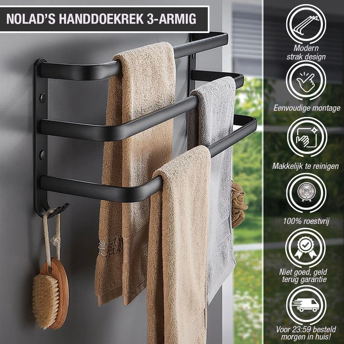 Nolad® Handdoekrek 3-armig - Handdoekhouder - Handdoekenrek - Zwart 6 Nolad® Handdoekrek 3-armig - Handdoekhouder - Handdoekenrek - Zwart - Afbeelding 6