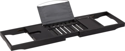 ACAZA Badrekje - Uitschuifbare Bamboe Bad Brug (Min 70 Cm - Max 105cm) - Verstelbare Plank Voor In Bad Met Tablet Houder - Zwart