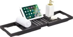 ACAZA Badrekje - Uitschuifbare Bamboe Bad Brug (Min 70 Cm - Max 105cm) - Verstelbare Plank Voor In Bad Met Tablet Houder - Zwart -Badkamer Kast Winkel 1200x622