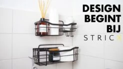 STRICX Doucherek 2 Laags Zwart - Zelfklevend Doucherek Inclusief 3 Ophanghaakjes - Doucherek Voor Badkamer / Keuken - Doucherek Met Plakstrip - Keukenrek Met Plakstrip - Badrek Douche - Kruidenrek Specerijen - Badkamerrek Douchemandje -Badkamer Kast Winkel 1200x675 1