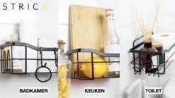 STRICX Doucherek 2 Laags Zwart - Zelfklevend Doucherek Inclusief 3 Ophanghaakjes - Doucherek Voor Badkamer / Keuken - Doucherek Met Plakstrip - Keukenrek Met Plakstrip - Badrek Douche - Kruidenrek Specerijen - Badkamerrek Douchemandje -Badkamer Kast Winkel 1200x675 2