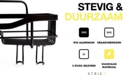 STRICX Doucherek 2 Laags Zwart - Zelfklevend Doucherek Inclusief 3 Ophanghaakjes - Doucherek Voor Badkamer / Keuken - Doucherek Met Plakstrip - Keukenrek Met Plakstrip - Badrek Douche - Kruidenrek Specerijen - Badkamerrek Douchemandje -Badkamer Kast Winkel 1200x735