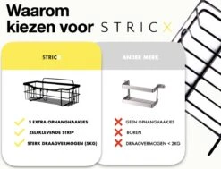 STRICX Doucherek 2 Laags Zwart - Zelfklevend Doucherek Inclusief 3 Ophanghaakjes - Doucherek Voor Badkamer / Keuken - Doucherek Met Plakstrip - Keukenrek Met Plakstrip - Badrek Douche - Kruidenrek Specerijen - Badkamerrek Douchemandje -Badkamer Kast Winkel 1200x920