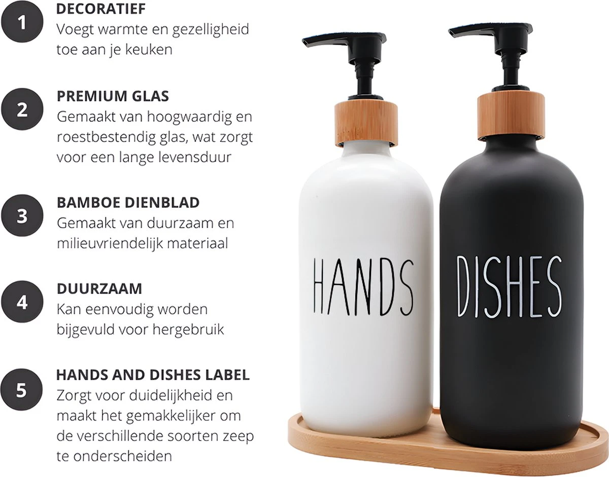 MAESON Glazen Zeepdispener Set Voor Handzeep En Afwasmiddel – Zeeppompje Keuken – Keukenaccesoires - Zwart/Wit 2 MAESON Glazen Zeepdispener Set Voor Handzeep En Afwasmiddel – Zeeppompje Keuken – Keukenaccesoires - Zwart/Wit - Afbeelding 2