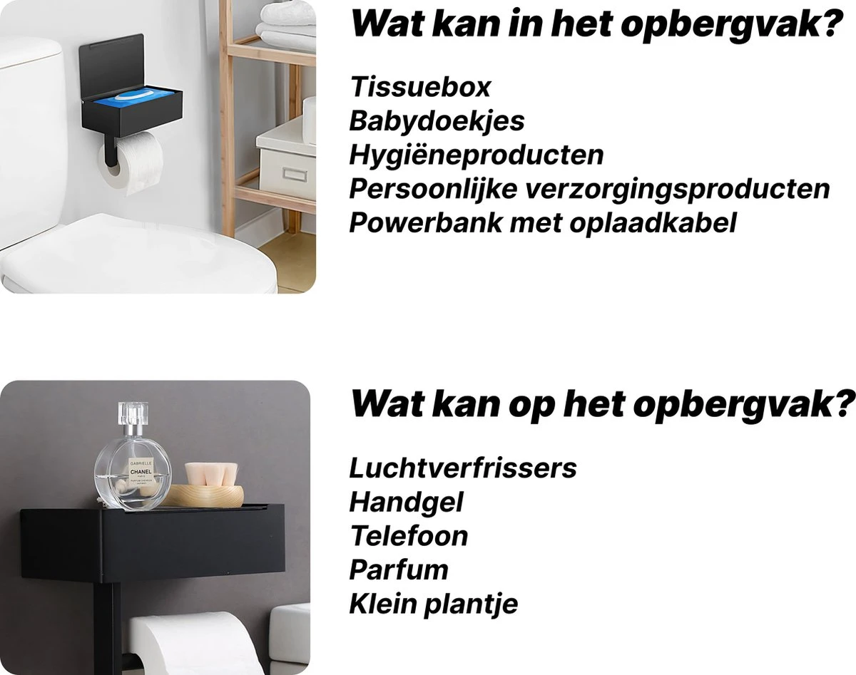 SHATY® WC Rolhouder - Toiletrolhouder - Opbergvak - Bakje - Plankje - Zonder Boren- WC Papier Houder - Toilet Papier Houder - Zwart - Badkameraccessoire - Toiletaccessoire - Inclusief Handoekhaak 3 SHATY® WC Rolhouder - Toiletrolhouder - Opbergvak - Bakje - Plankje - Zonder Boren- WC Papier Houder - Toilet Papier Houder - Zwart - Badkameraccessoire - Toiletaccessoire - Inclusief Handoekhaak - Afbeelding 3