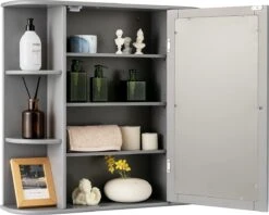 LUXGOODS Spiegelkast, Badkamerkast Met Spiegel, Aan De Muur Bevestigd Opbergkast, Houten Hangend Kast Met Verstelbare Planken & Open Compartimenten, Multifunctioneel Medicijnkastje Voor Badkamer, Woonkamer, Keuken, 66 X 63 X 16,5 Cm (Grijs) -Badkamer Kast Winkel 1200x960 13